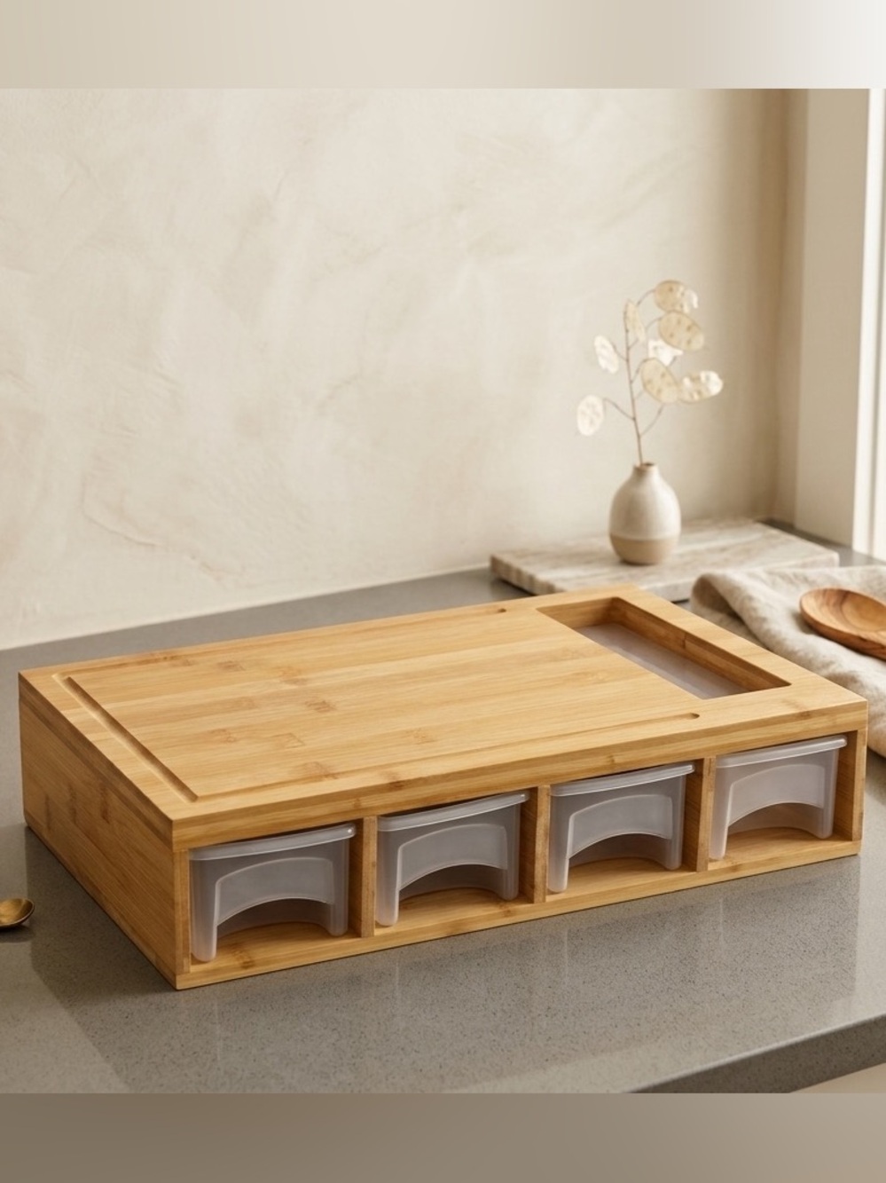 Bamboo Cutting Board with Pull-Out Drawers - Natural (NWOT)